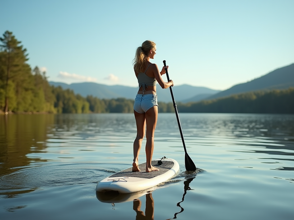 Tânără pe o placă de SUP, pe un lac liniștit, cu munți în fundal la apus.