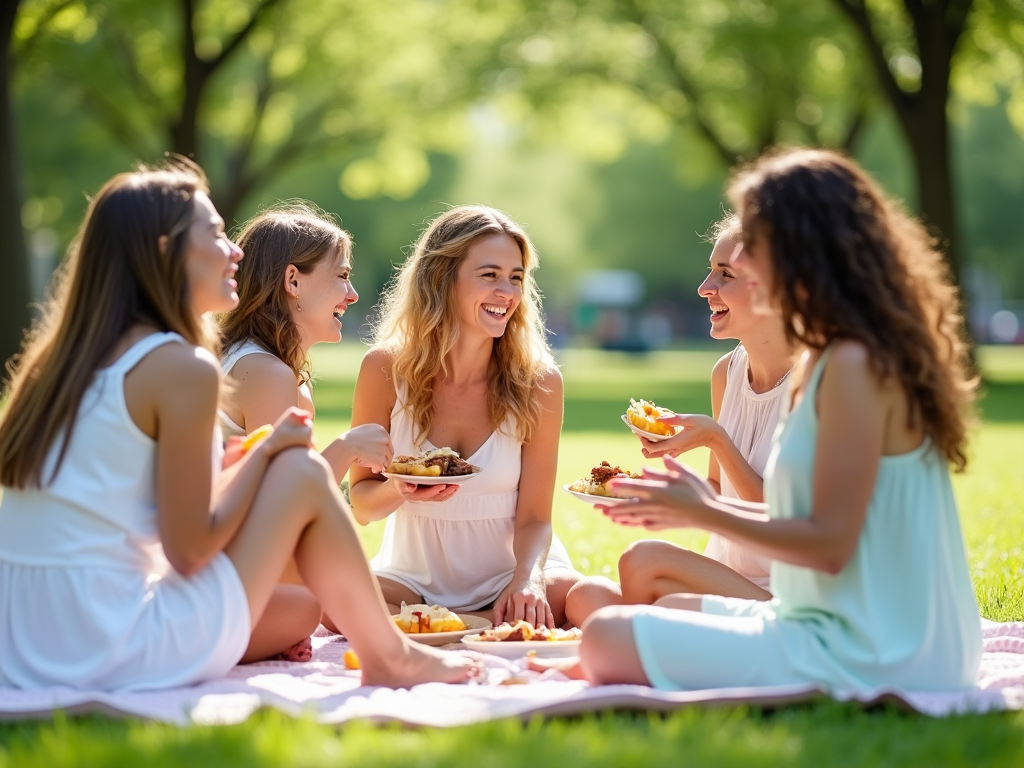 Patru femei tinere în rochii de vară zâmbesc și vorbesc în timp ce iau masa pe o pătură în parc.