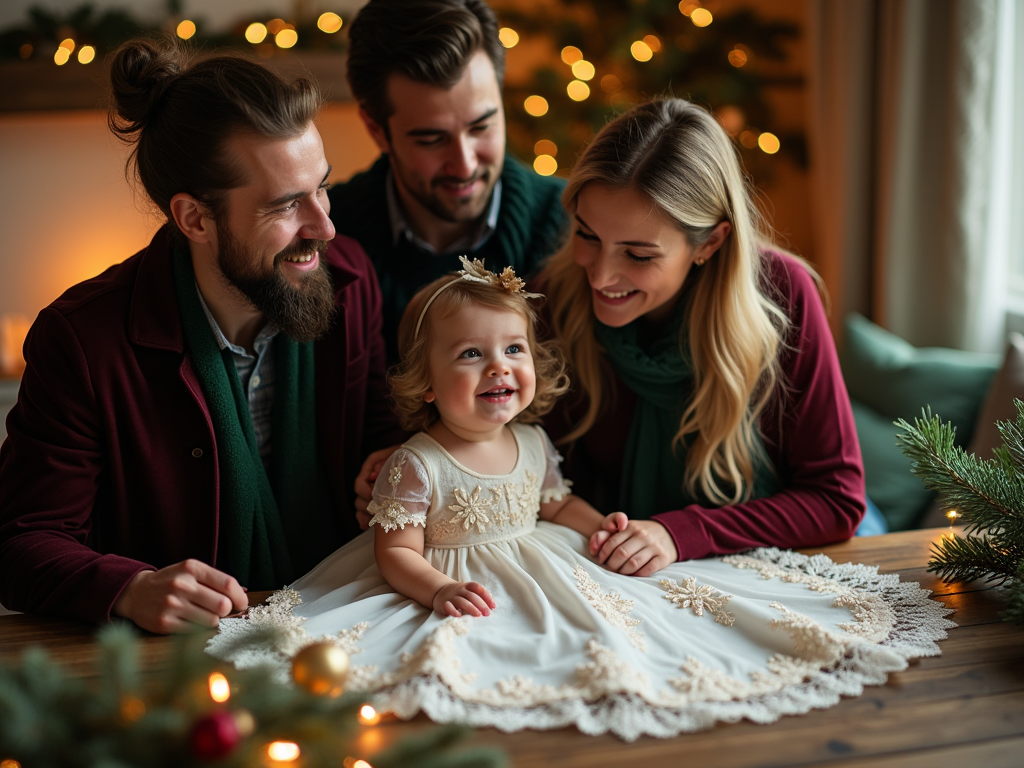 Familie zâmbind fericită cu copil mic în rochie festivă, într-o cameră decorată pentru Crăciun.